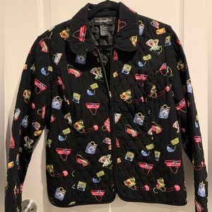 Requirements Medium Zip-up Jacket With Cute Purse Print Black Spring Casual Coat